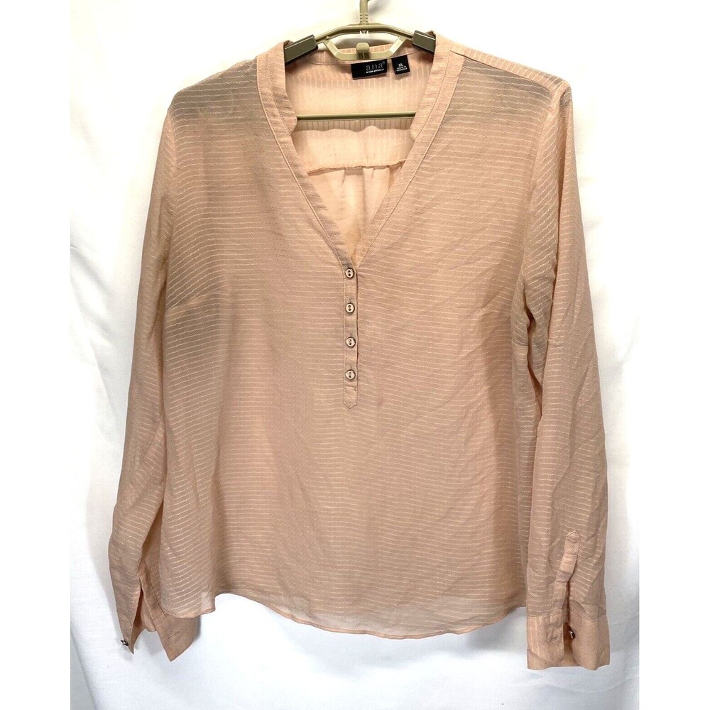 Ana Women Blouse Sz XL Roll Tab Sleeve Sheer Top Flesh Tone 1/2 Button Pull Over